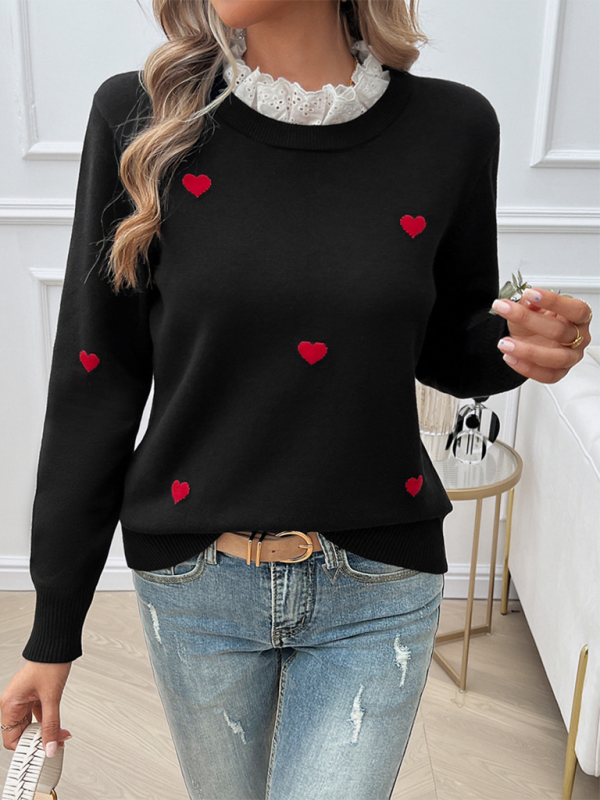 Women's Temperament Casual Embroidered Love Heart Long Sleeve Sweater kakaclo