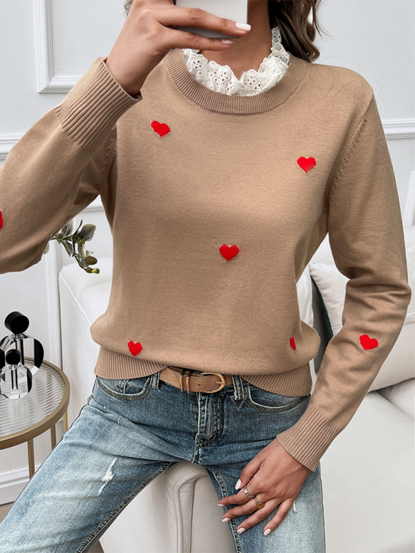 Women's Temperament Casual Embroidered Love Heart Long Sleeve Sweater kakaclo