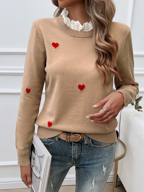 Women's Temperament Casual Embroidered Love Heart Long Sleeve Sweater kakaclo