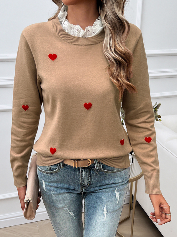 Women's Temperament Casual Embroidered Love Heart Long Sleeve Sweater kakaclo