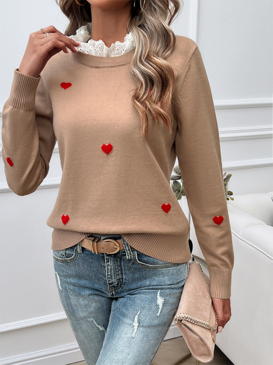 Women's Temperament Casual Embroidered Love Heart Long Sleeve Sweater kakaclo